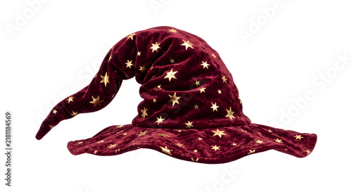 Obraz na płótnie Velvet wizard hat in burgundy red with gold stars isolated on transparent background for magic