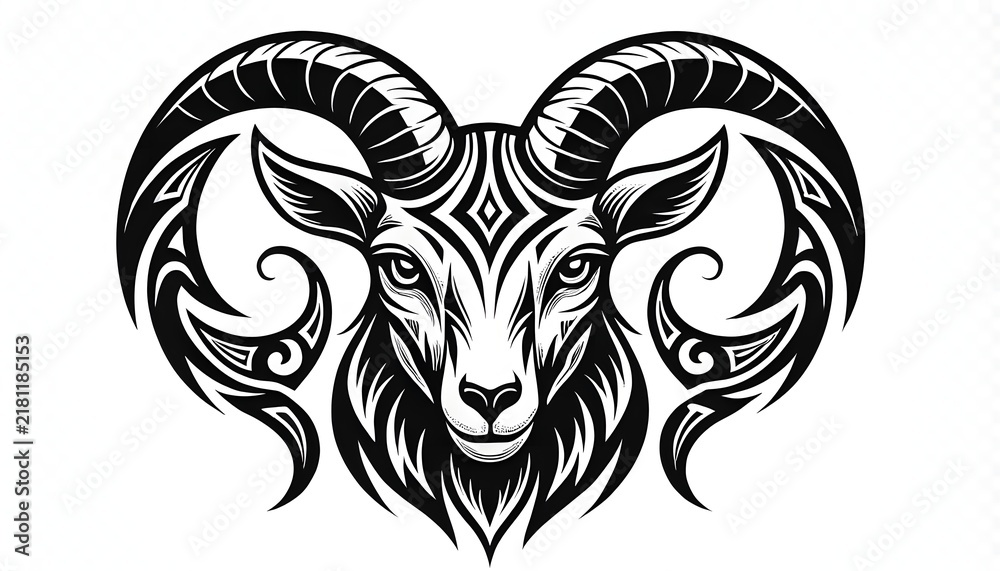 Fototapeta premium Tribal Ram Head Vector Illustration with Curved Horns and Tattoo Style Design
