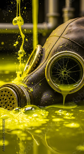 Toxic Gas Mask Submerged in Glowing Yellow Radioactive Waste Liquid Industrial Pollution Concept
