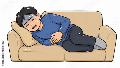 Obraz w ramie ソファで横になり腹痛にうずくまる男性のイラスト