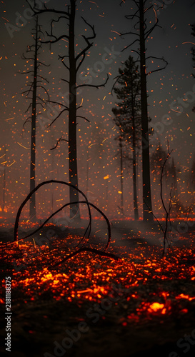 Wildfire raging through forest with burning embers glowing on ground and smoke rising at night