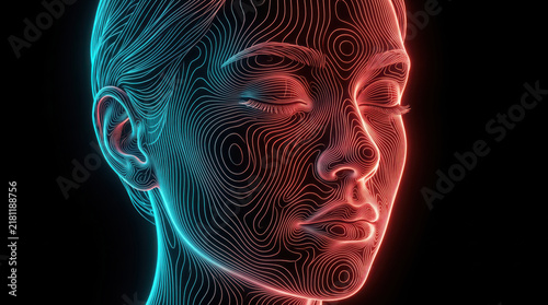 Human face made of glowing contour lines on black background.
