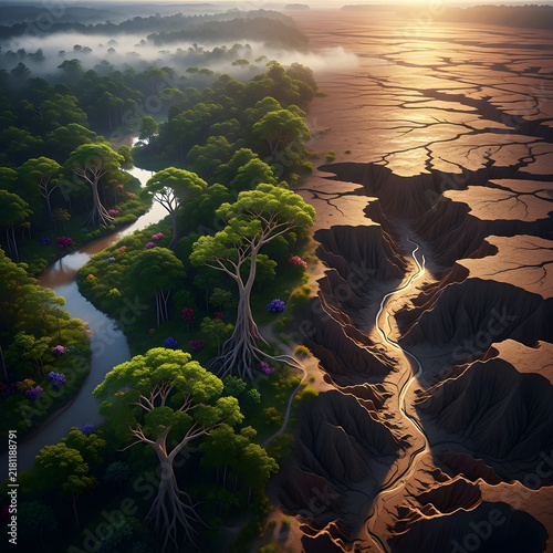 Environmental Contrast Showing Lush Forest Alongside Desolate Barren Land and Drought Impacted Earth