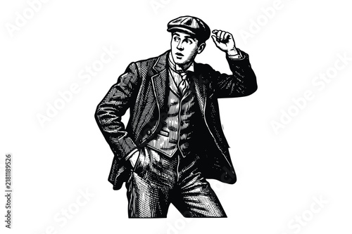 Foto Vintage engraving illustration of a man wearing a newsboy cap and jacket