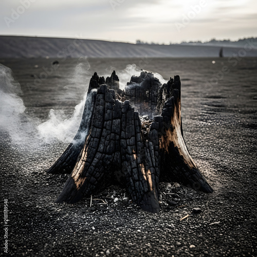 Cinematic close-up of a charred, burnt tree stump emitting white smoke on a desolate dark ash landscape