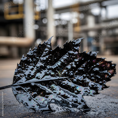 Environmental pollution A single leaf covered in thick black oil symbolizes the devastating impact of industrial pollution on nature