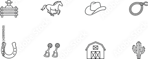 Western cowboy line icons set, rustic ranch horse symbols, metal horseshoe, roping lasso, barn, cactus. Minimalist web design vector