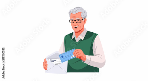Caucasian Senior Slipping Blue Check into Donation Envelope