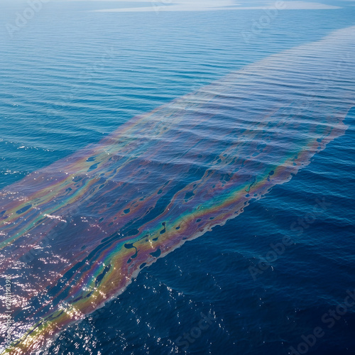 Aerial view of an oil slick with rainbow sheen floating on the deep blue ocean water