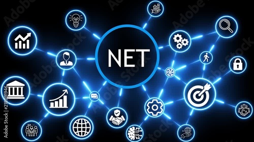 Pay per click NET marketing concept animation with neon technology icons 4k video animation
