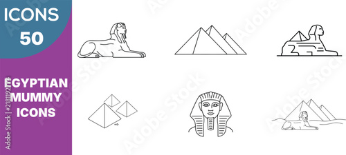 Fifty Egyptian Mummy Icons, pharaoh skull, Sphinx and pyramids outline set, ancient history symbols, vector collection, archeology design elements for travel and game