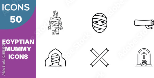 Egyptian Mummy Icon Set, 50 Vector Symbols Featuring Sarcophagus, Wrapped Body, Tombstone. Minimalist Outline Design for Halloween, Archaeology and Historical Themes