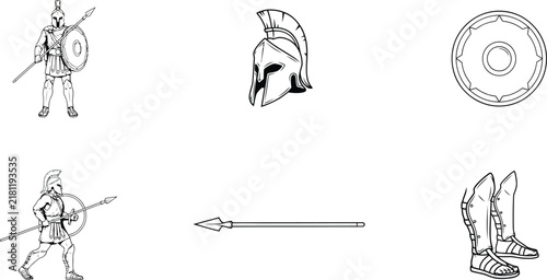 Greek Hoplite Warrior Set Vector. Ancient Spartan Soldier Illustration. Historical Warfare Equipment Collection. Helmet, Shield, Spear, Sandals.
