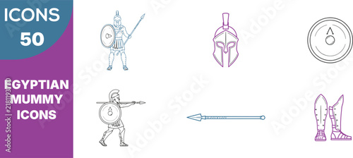 50 Egyptian Mummy Icons Set. Ancient Warrior and Soldier Outline Symbols. Helmet, Sword, Shield, and Spear Sketch. Vintage Glitch Aesthetic for Egyptology Projects.