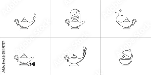 Magic lamp icons set, Aladdin lamp vector line art, Genie lamp illustration, Arabian night design elements, fantasy collection, minimalist outline symbols