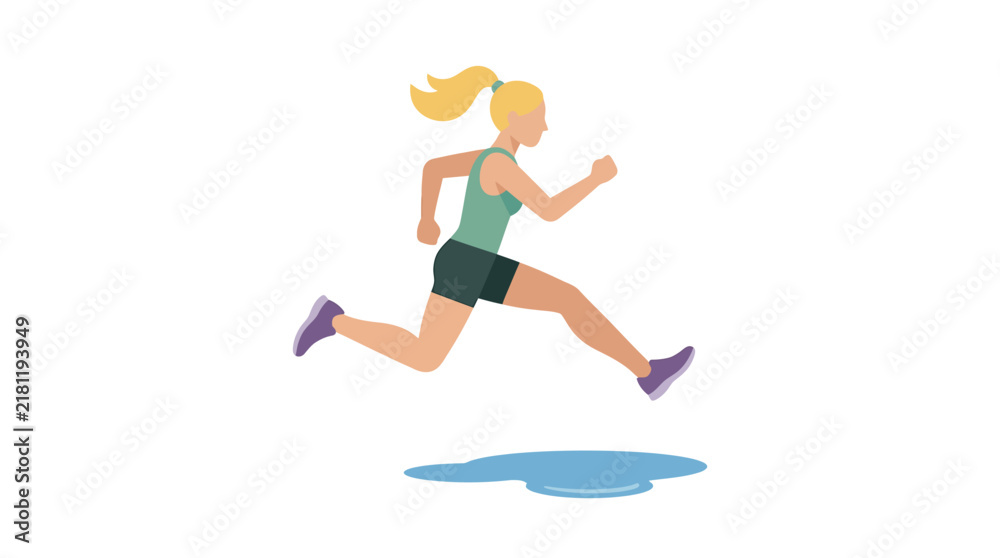 Fototapeta premium Female Runner Jumping Over a Puddle