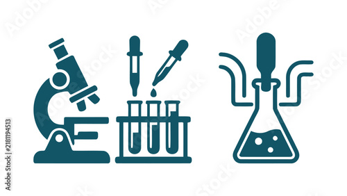 Foto Flat laboratory science icons showing microscope pipette test tubes and flask