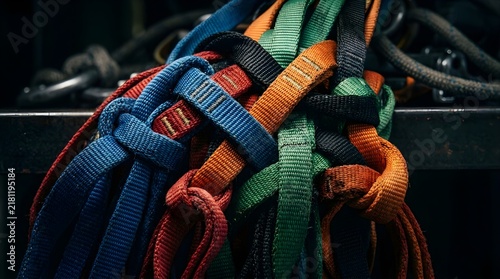 Colorful nylon climbing slings organized for safety and equipment storage