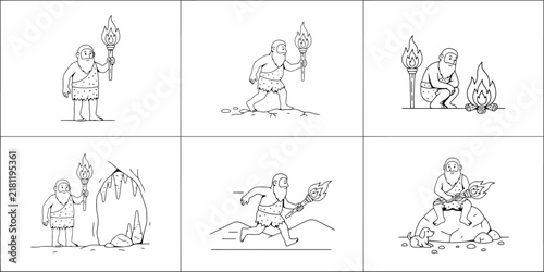 Caveman outline illustrations set. Primitive hunter gatherer lifestyle. Ancient savage holding torch, entering cave, fire, sleeping. Prehistoric tribal man activities. Silhouette people cartoons.