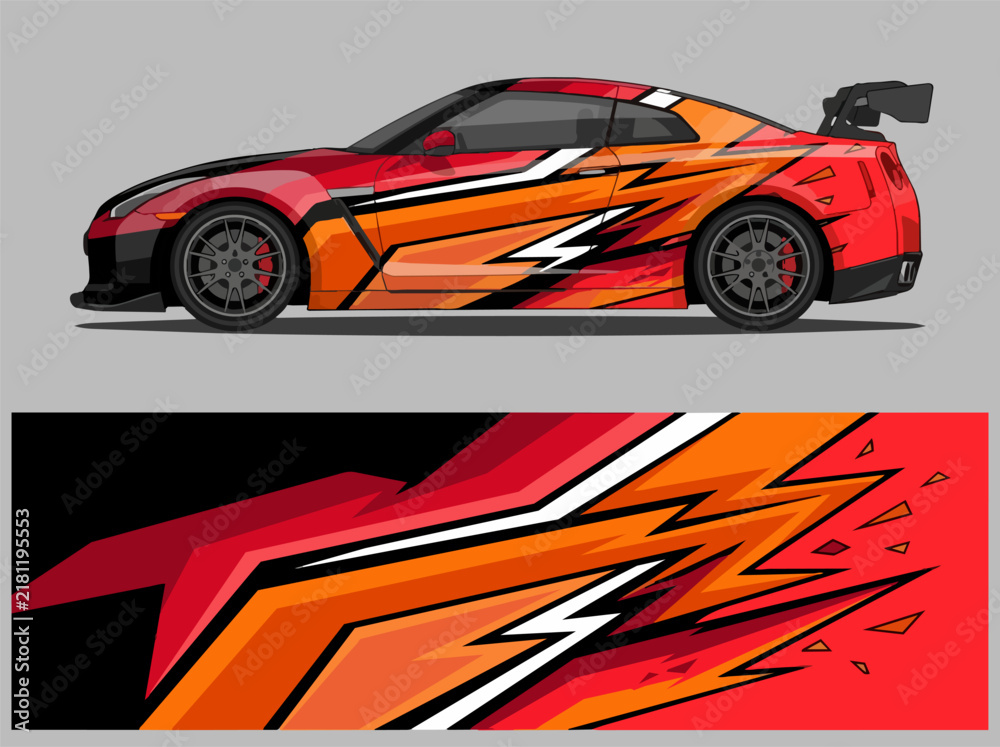 Naklejka premium Red sports car with dynamic flame and lightning decals.
