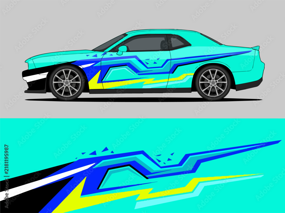 Fototapeta premium Turquoise sports car with dynamic geometric racing decals.