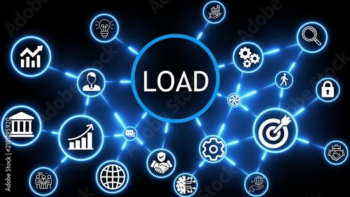 Pay per click LOAD marketing concept animation with neon technology icons 4k video animation