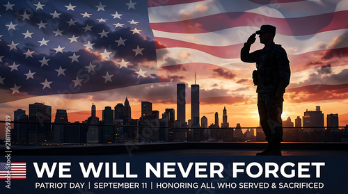 Patriot Day concept with a soldier saluting in front of the New York City skyline and American flag, September 11 remembrance