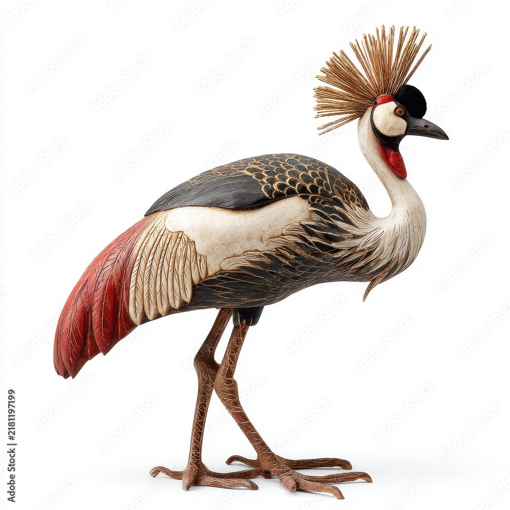 Fototapeta premium Detailed Metal Sculpture Of A Grey Crowned Crane Standing Isolated On A White Background