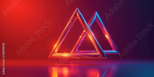 Interlocking Metallic Triangles Illuminated by Vivid Red and Blue Light, a Futuristic Abstract Composition