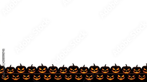 A horizontal border of glowing carved pumpkins with scary faces on a white background with repetitive pattern dark