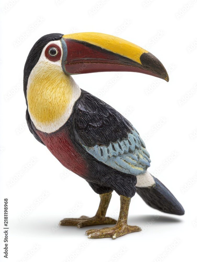 Obraz premium Detailed Toucan Figurine With Yellow Beak And Colorful Plumage Against A Clean White Background