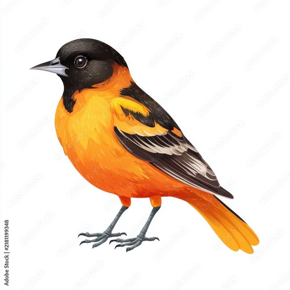 Obraz premium Digital Illustration Of A Vibrant Baltimore Oriole With Bright Orange And Black Feathers On White