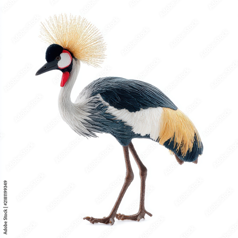 Fototapeta premium East African Crowned Crane Bird Isolated On White Background With Detailed Feathers And Gold Crest