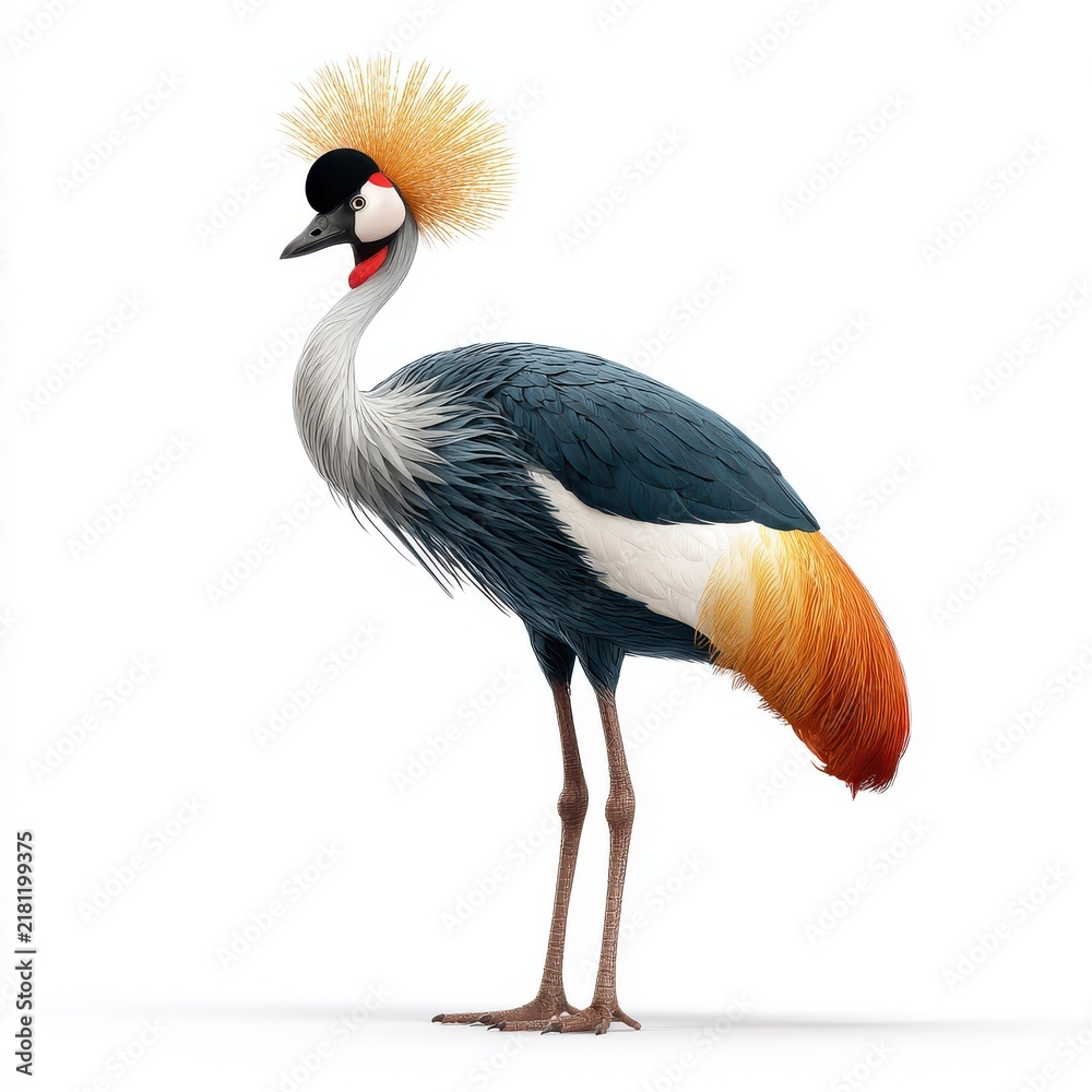Obraz premium East African Grey Crowned Crane With Golden Plume Standing On White Background Studio Photography