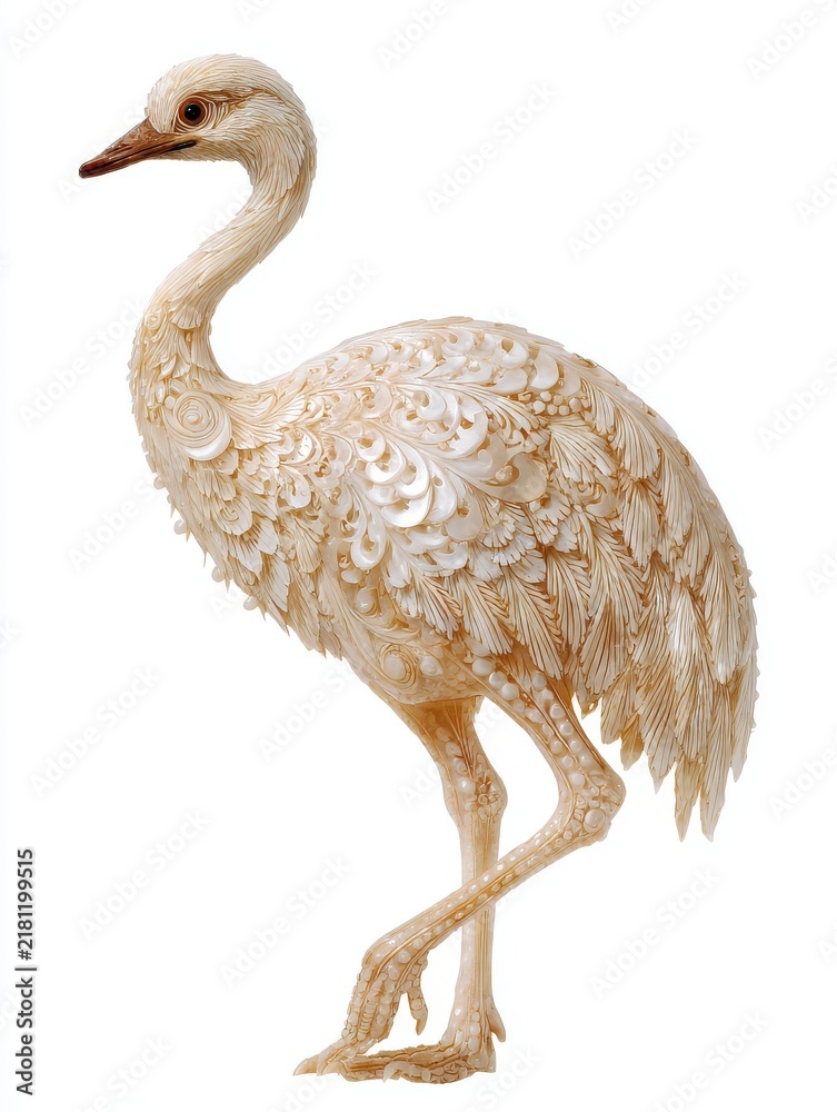Fototapeta premium Elegant Decorative Crane Bird Sculpture Crafted From Intricate White Shells On A Clean White Background