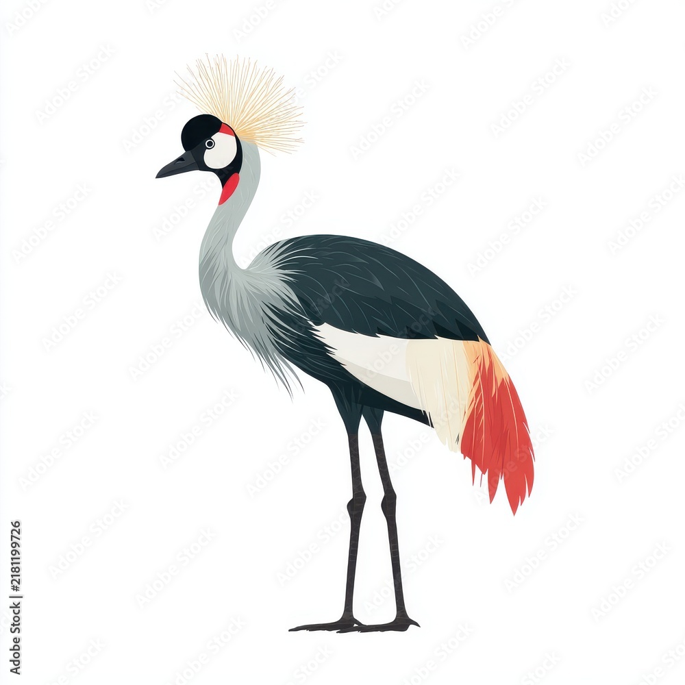 Obraz premium Elegant Grey Crowned Crane Bird Illustration Isolated On White Background With Vibrant Plumage