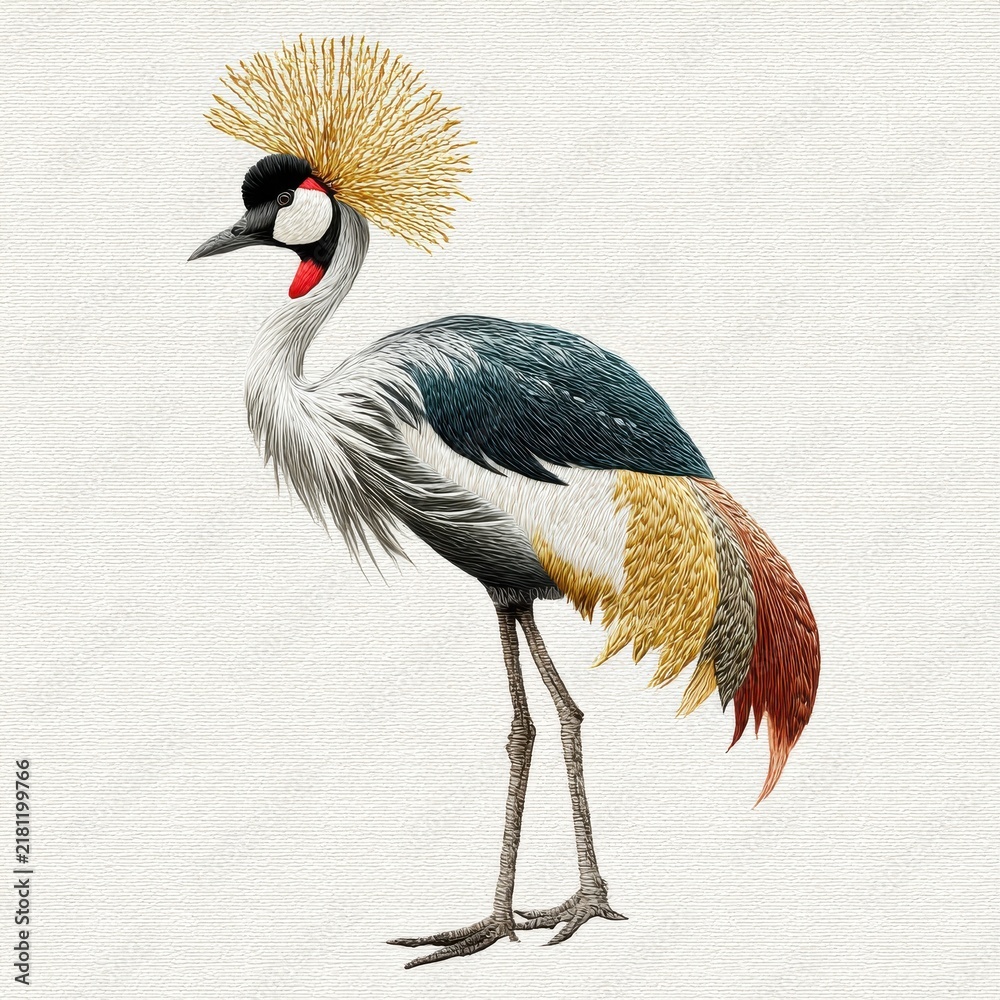 Obraz premium Elegant Grey Crowned Crane Bird Illustration With Gold Crest Feather Detail On Textured Paper Background