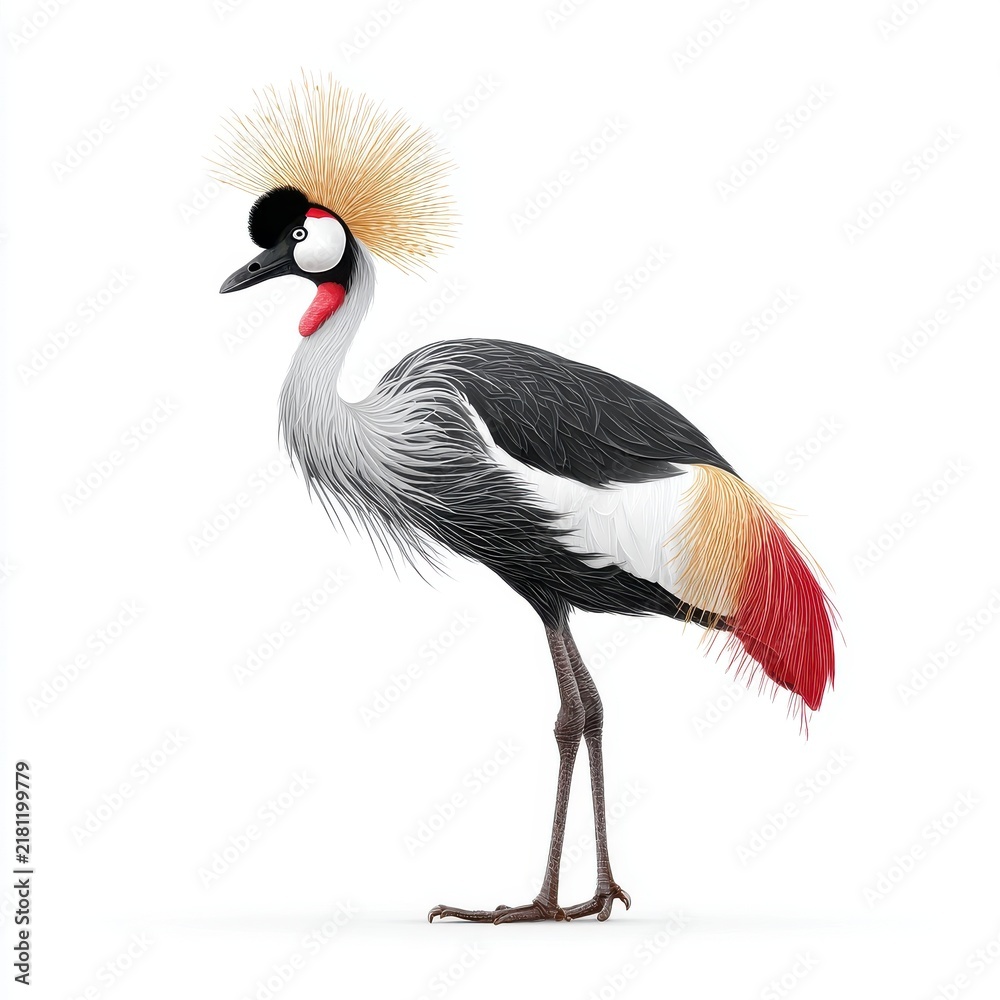Obraz premium Elegant Grey Crowned Crane Standing Against A Pure White Isolated Background With Vibrant Plumage