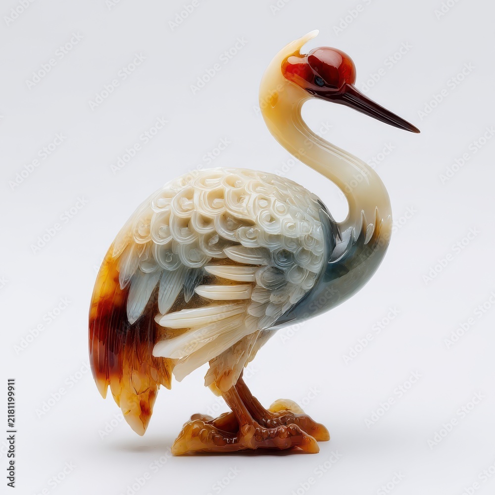 Obraz premium Elegant Hand Carved Agate Stone Crane Figurine Sculpture Isolated On A Neutral White Background