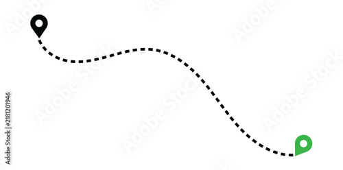 Smooth arching path with dotted line connecting start location to destination navigation tracking destination location direction