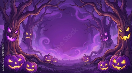 Spooky halloween forest background featuring glowing carved pumpkins and scary haunted trees in purple fog