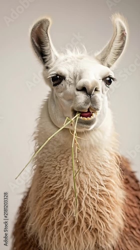 Llama Portrait, Front-facing llama looking directly into the camera and slowly chewing, clean neutral background, soft studio lighting, humorous stock footage