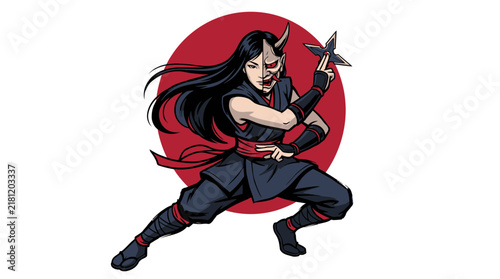 Foto Female ninja warrior with mask and shuriken, isolated
