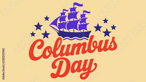 Columbus day graphic illustration with vintage sailing ship and blue stars on light yellow background