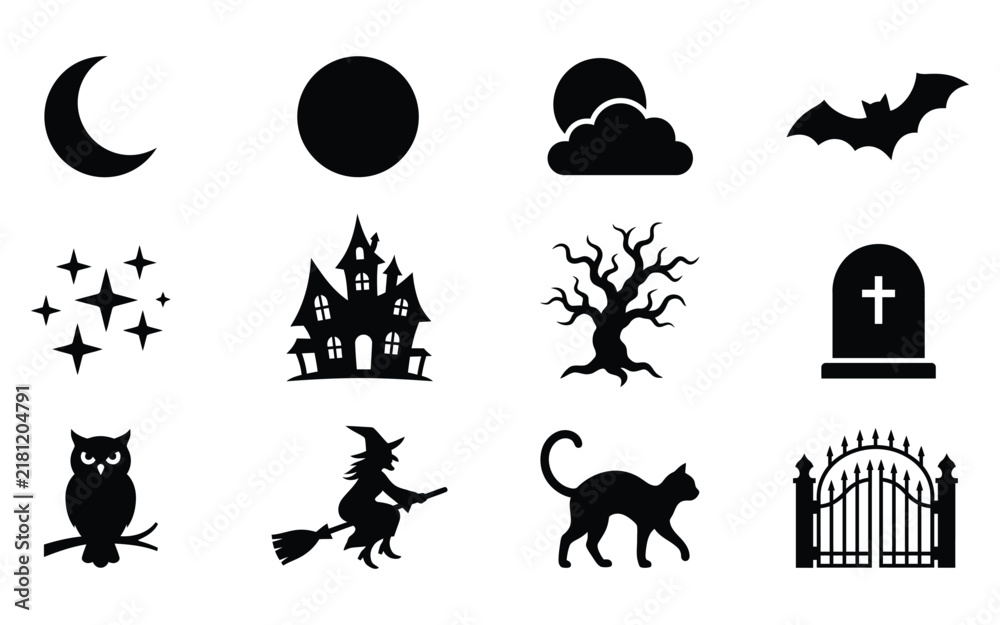 Fototapeta premium Halloween icon set with spooky silhouettes of witch, haunted house, bat and moon elements.