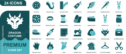 Dragon costume icon set featuring sewing tools and crafting supplies for diy fantasy projects