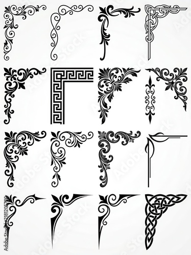 Set of 16 Decorative Corner Borders and Ornaments with Filigree, Celtic, and Greek Key Patterns for Graphic Design