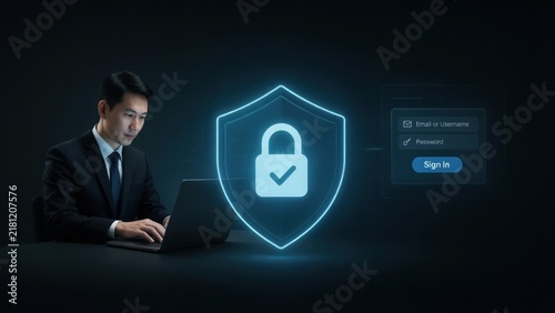 Businessman working on a laptop with a glowing digital shield and padlock representing cybersecurity and secure login authentication processes