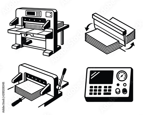 Paper guillotine cutter machine stack cutting equipment vector graphic illustrations