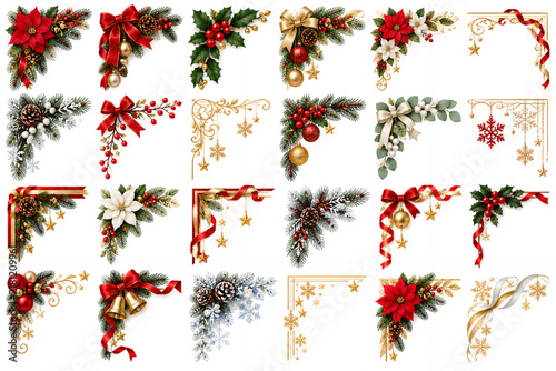 Tapety artystyczne ポインセチアやヒイラギ、リボンを飾ったクリスマスフレーム用コーナー素材セット